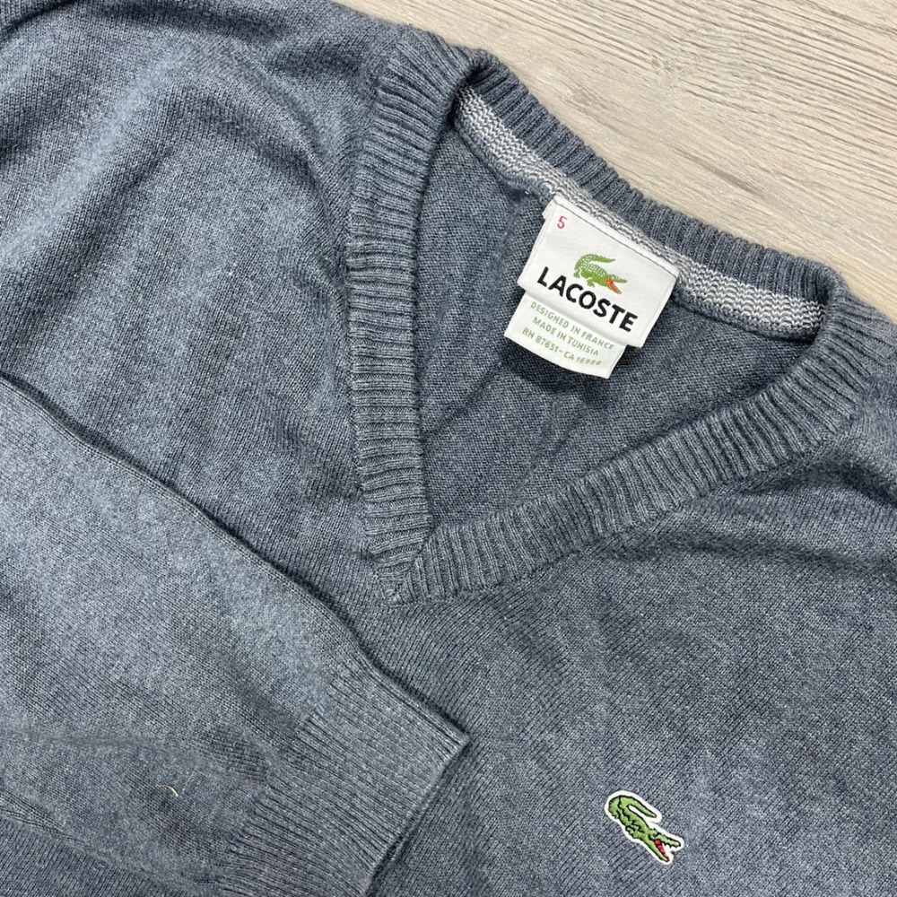 Lacoste Sweater Mens 5 Gray V-Neck 100% Cotton Long Sleeve Pullover F5178